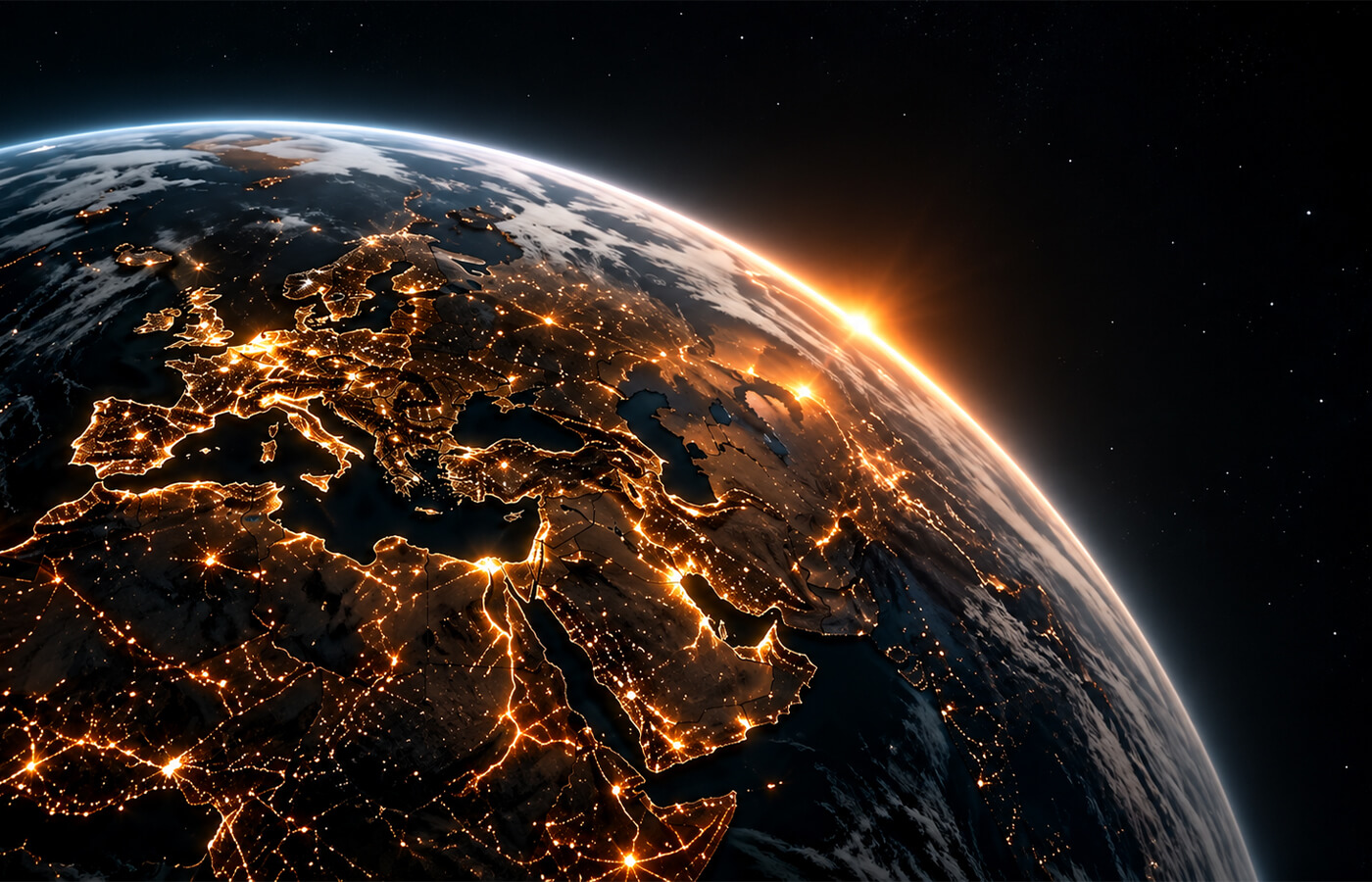 Glowing globe with a network of city lights at night