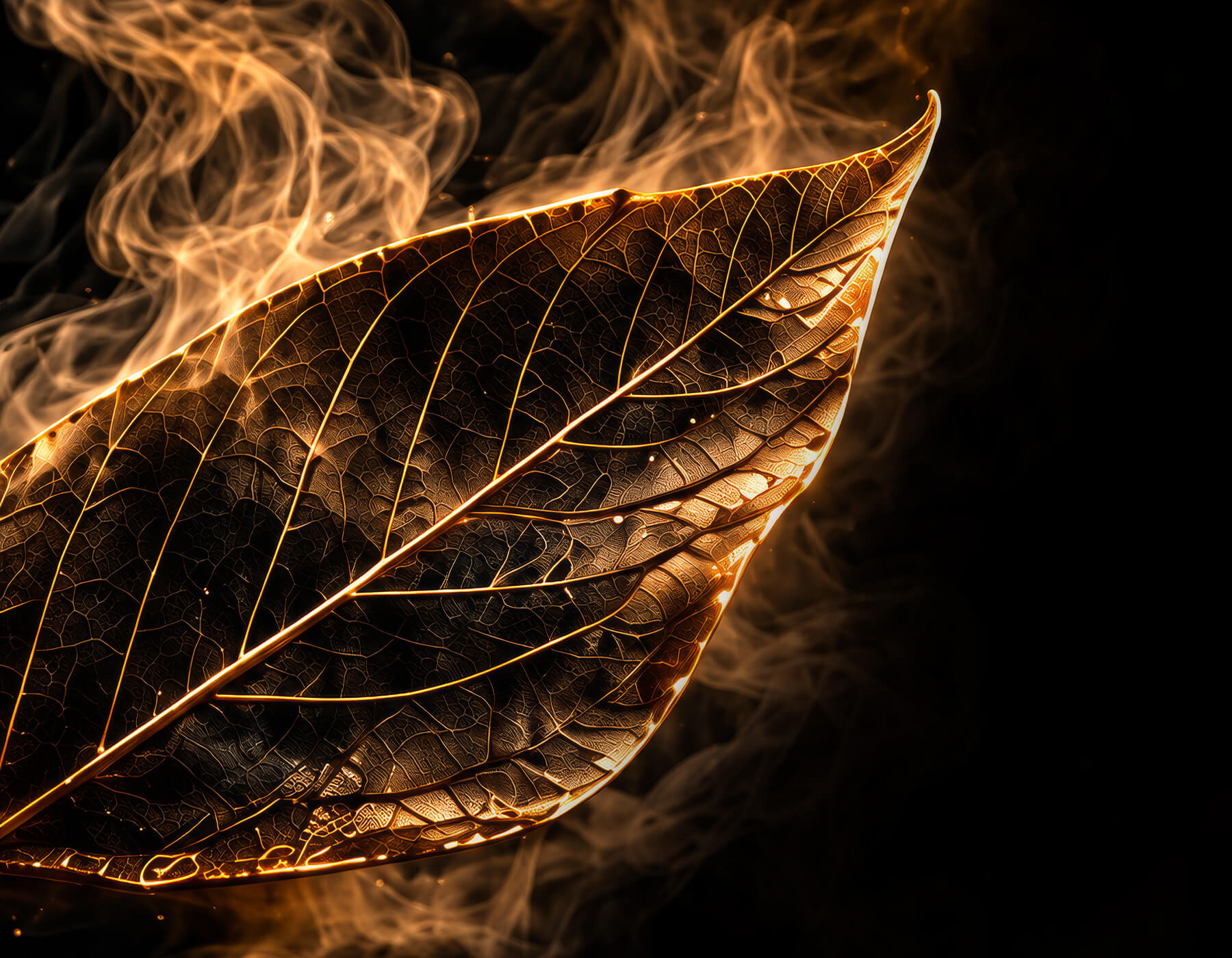 Glowing golden leaf surrounded by soft smoke on black