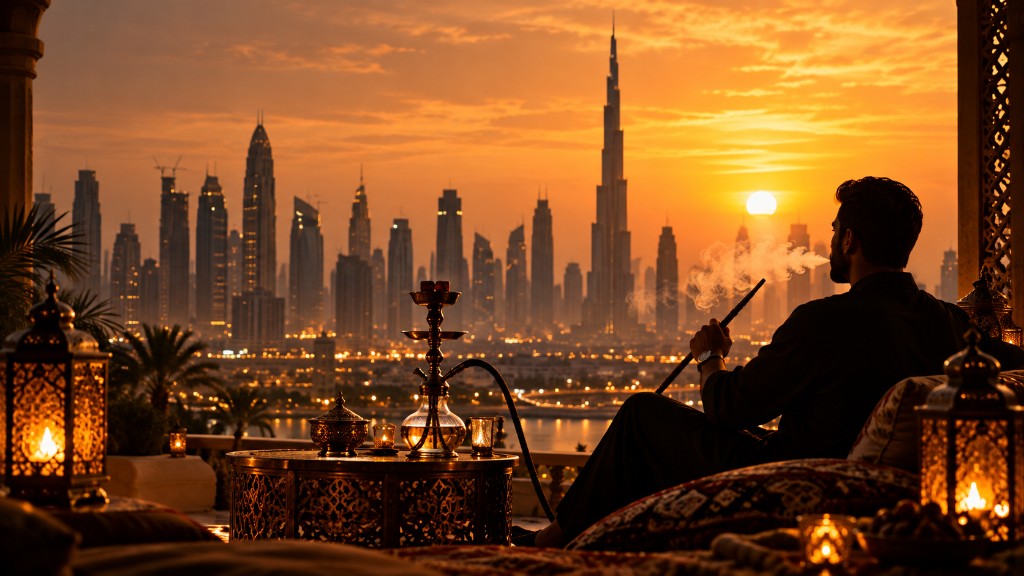 City skyline at dusk seen from a rooftop lounge