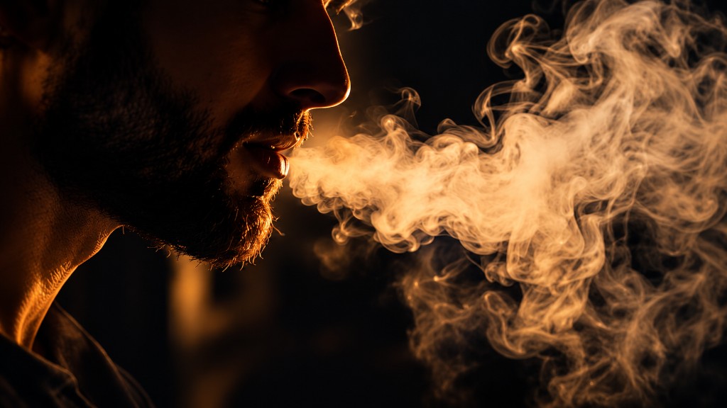 Portrait of a person exhaling a cloud of hookah smoke in warm low light