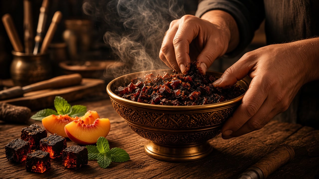 A brass hookah bowl being prepared with flavor, coals and fresh fruit