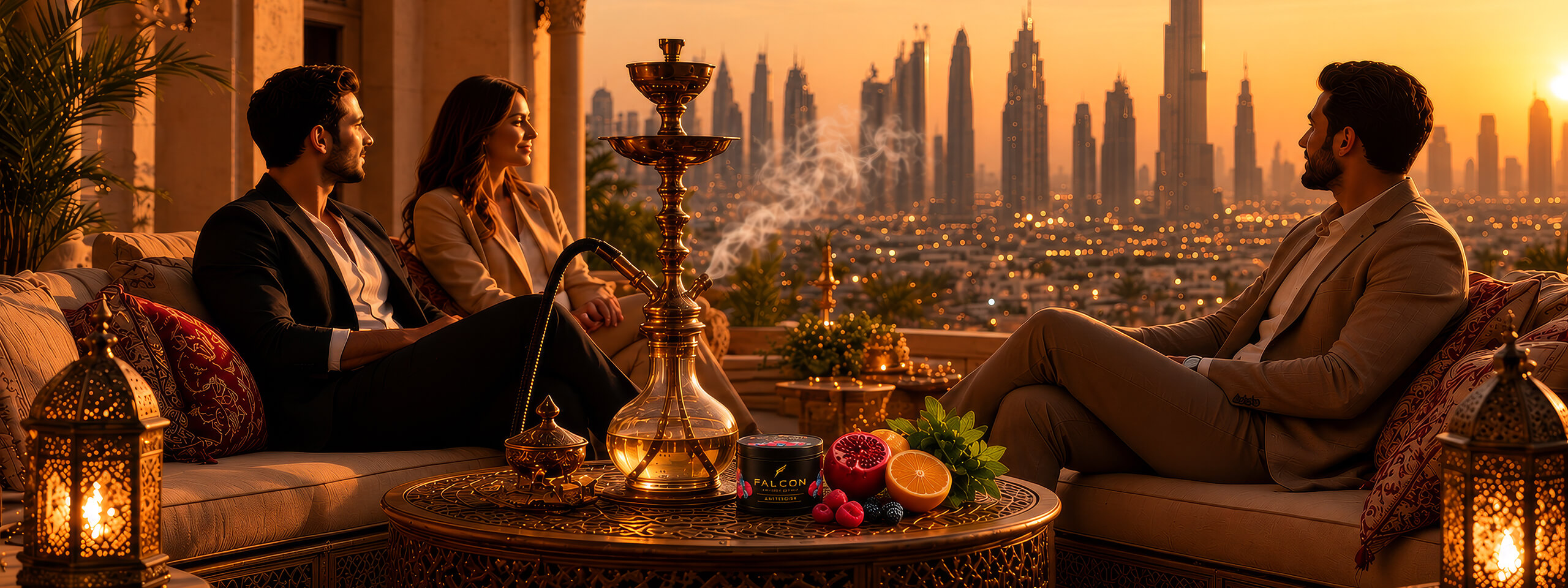 Golden-hour terrace with a brass hookah and a quiet conversation
